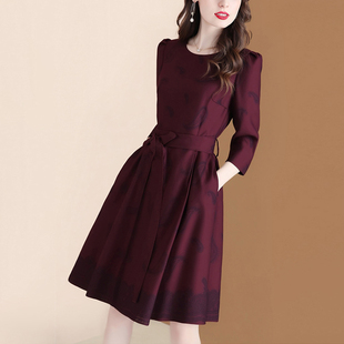 气质收腰显瘦大摆裙子 七分袖 欧美高级感印花连衣裙女2025秋装 新款