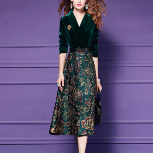 提花金丝绒连衣裙女2025年秋冬阔太太高贵优雅收腰气质假两件裙子