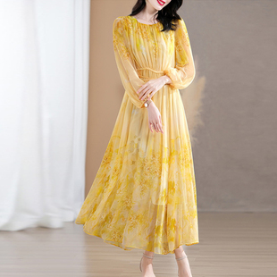 高端大牌重磅真丝长袖连衣裙2026春装新款女士奢华裙子桑蚕丝长裙