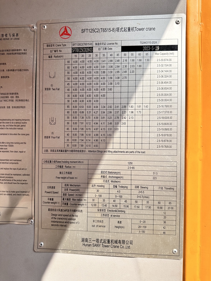 12月3日东莞设备编号SFT0125CD2843三一牌塔式起重机一台网络拍卖公告