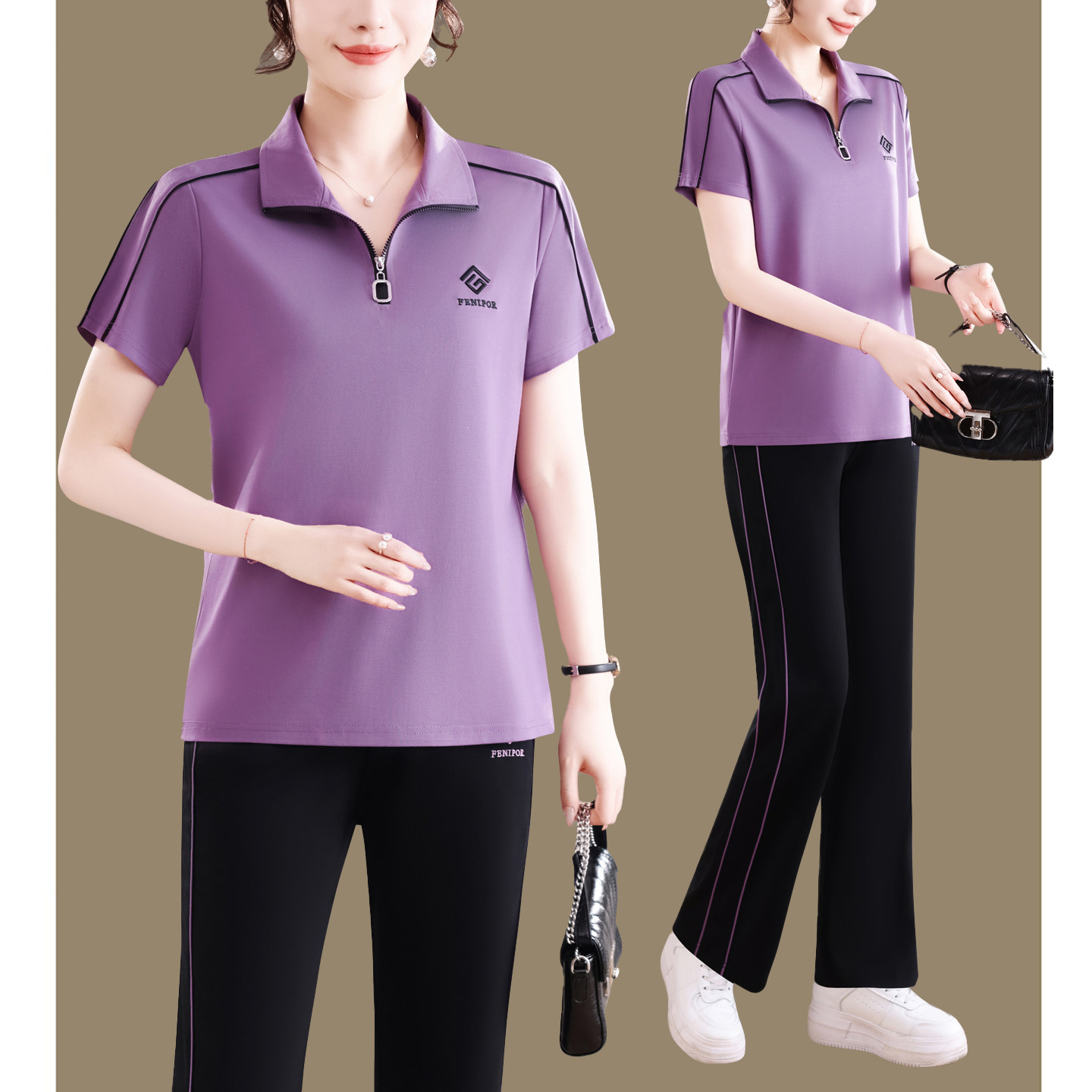 中年妇女时尚运动套装夏新款中老年妈妈装短袖上衣长裤休闲两件套