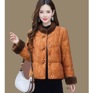 年轻妈妈冬装国风羽绒服冬季中年女装阔太太新中式短款白鸭绒外套