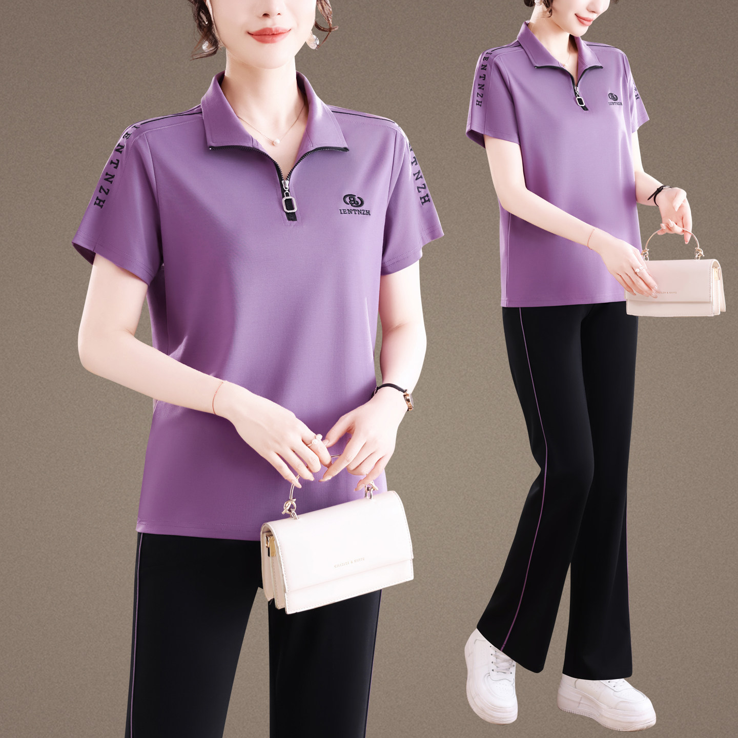 母亲衣服夏季中年妇女时尚运动套装翻领短袖T恤上衣两件套妈妈装