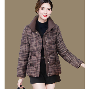 中年妇女格子印花棉衣冬加厚保暖羽绒棉服外套洋气妈妈装短款棉袄