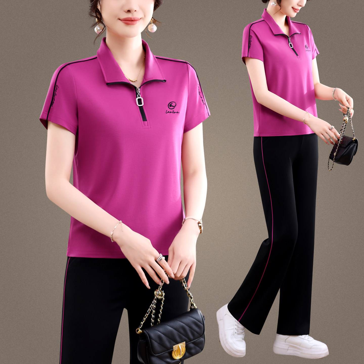夏季中年运动服套装女短袖两件套
