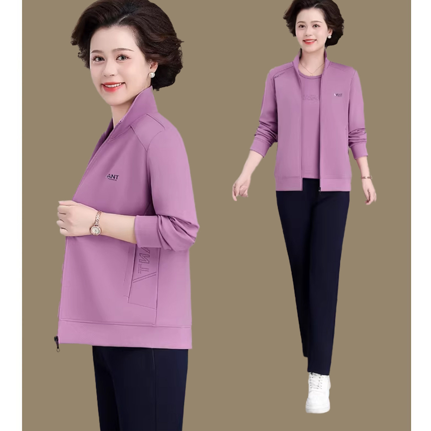 中老年运动套装女春秋新款时尚休闲大码长袖外套妈妈装卫衣三件套