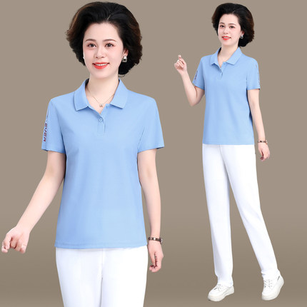 母亲衣服夏季中年妇女运动套装POLO领短袖上衣长裤休闲跑步妈妈装