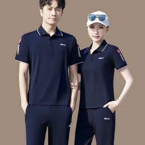 中年情侣运动服套装夏团购男女式POLO衫短袖T恤长裤两件套爸妈装