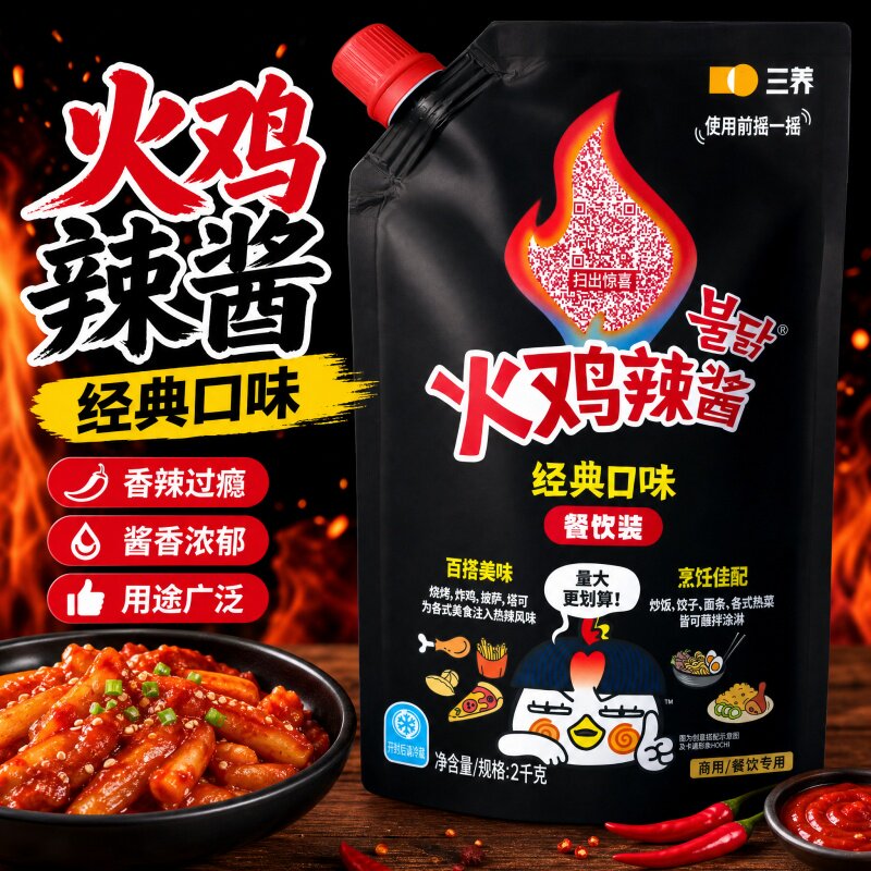 三养火鸡辣酱2kg火鸡面酱经典火鸡辣酱料超辣酱料包拌面酱辣椒酱