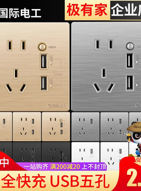 国际电工usb插座插排面板暗装接口多孔带充电usp墙面ubs二口四ups