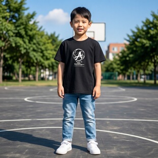 商场同款Abckids黑色圆领短袖T恤男童字母印花运动休闲上衣