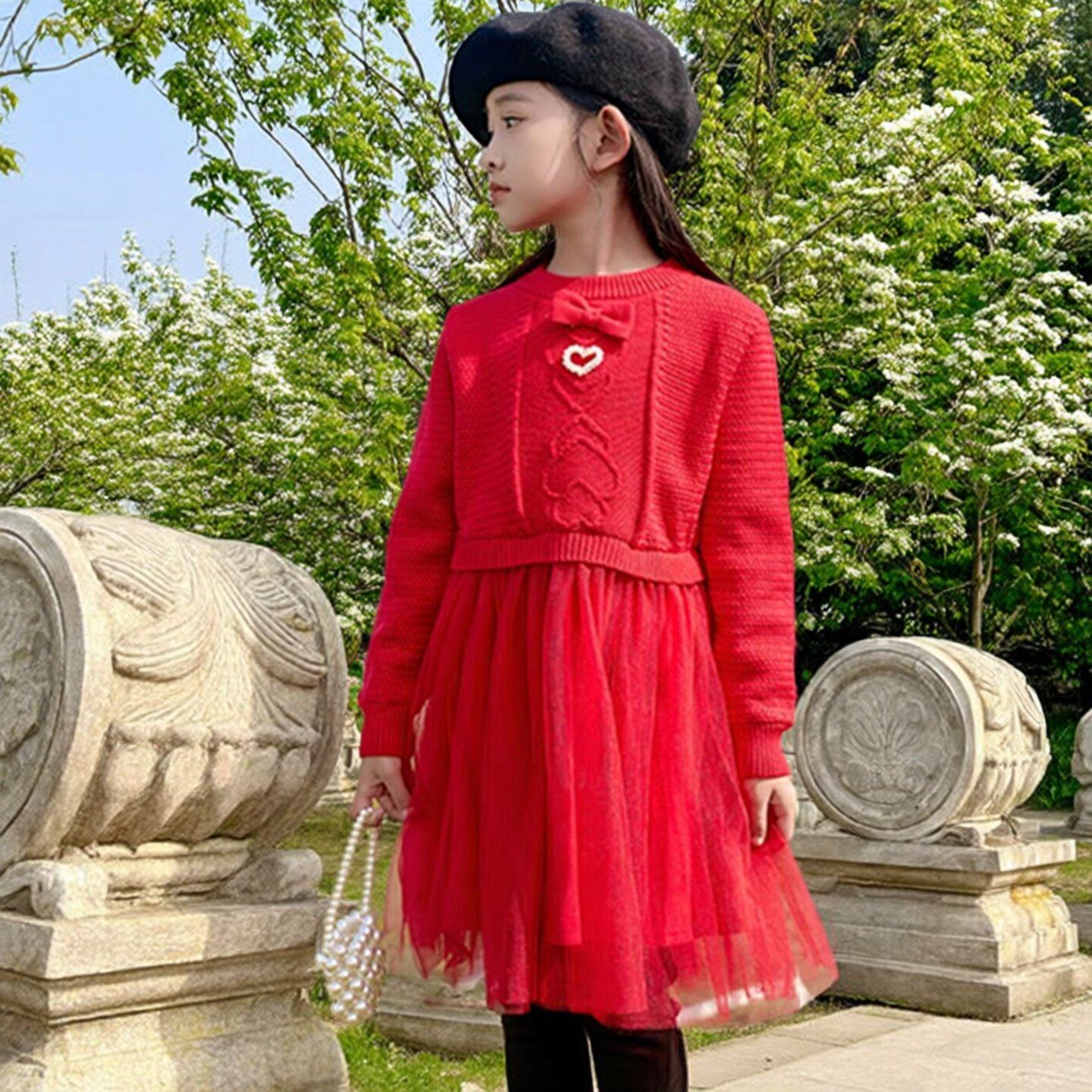 商场同款Abckids女童甜美红色针织网纱连衣裙长袖公主裙洋气