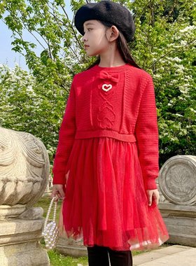 商场同款Abckids女童甜美红色针织网纱连衣裙长袖公主裙洋气