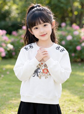 Abckids甜美花朵刺绣女卫衣