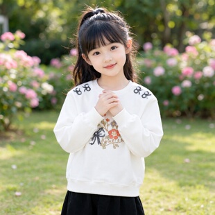 商场同款Abckids甜美风立体花朵刺绣圆领卫衣女白色长袖上衣