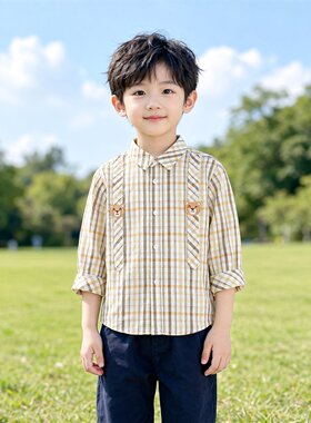 Abckids男童长袖小熊格子衬衫