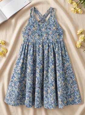 abckids童装夏季新品女童中童蓝色碎花吊带公主裙子潮F121316389