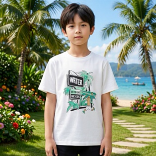 正品Abckids男童夏季卡通印花T恤短袖圆领白色休闲百搭F322301026