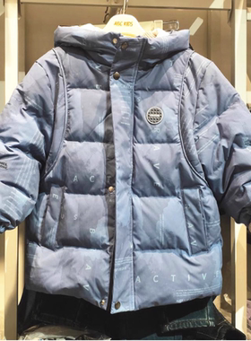 商场同款Abckids儿童羽绒服男童中长款连帽加厚保暖外套蓝色