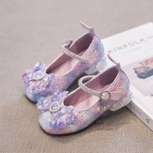 真皮女童公主鞋闪亮高跟鞋2026新款儿童艾莎皮鞋春季配裙子水晶鞋