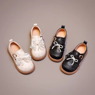 真皮女童鞋子儿童皮鞋2025新款秋季小女孩公主鞋蝴蝶结黑网纱单鞋