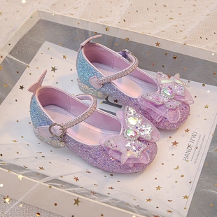 真皮女童公主鞋闪亮高跟鞋2025新款儿童艾莎软底小皮鞋夏季配裙子