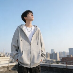 开衫 男装 夹克 美式 春秋重磅灰色连帽卫衣男生外套宽松情侣衣服新款