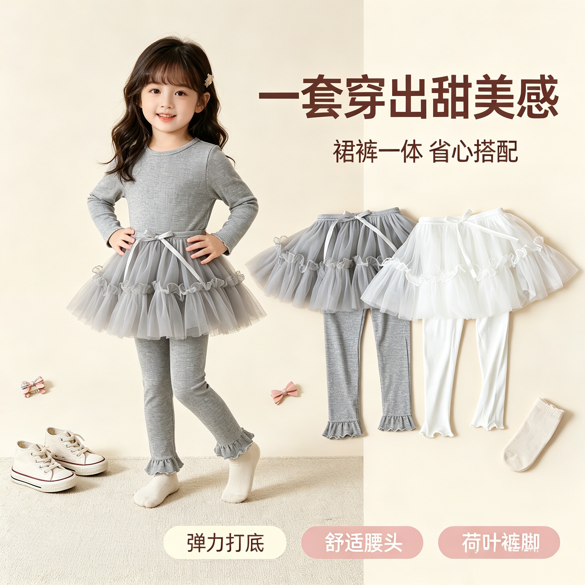 女童裙裤打底裤春款裤子儿童肉裤网纱裙假两件连裤针织打底裤外穿图片