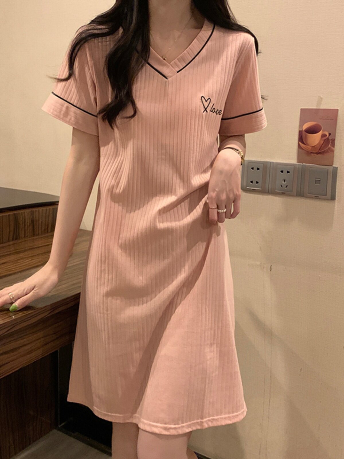 여성용 여름 잠옷 여름 스타일 순면 반팔 순수 음탕 스타일 달콤하고 심플하고 귀여운 된장 원피스 파자마 드레스 봄 여름