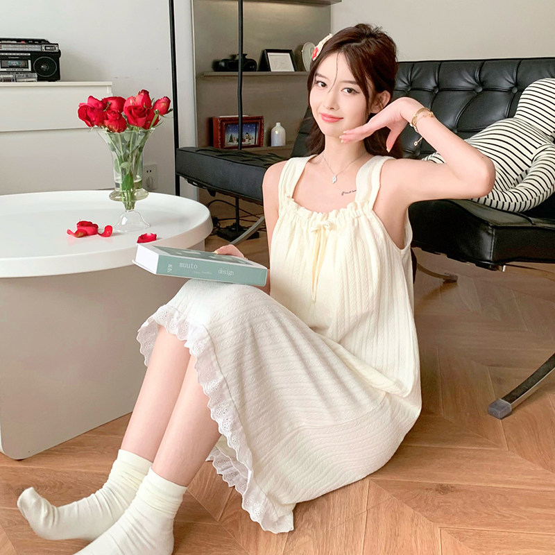 여성을위한 서스펜더 잠옷 여름 순수 코튼 섹시한 2024 가슴 패드가있는 새로운 모델 살구 조끼 홈웨어 파자마 드레스 여름