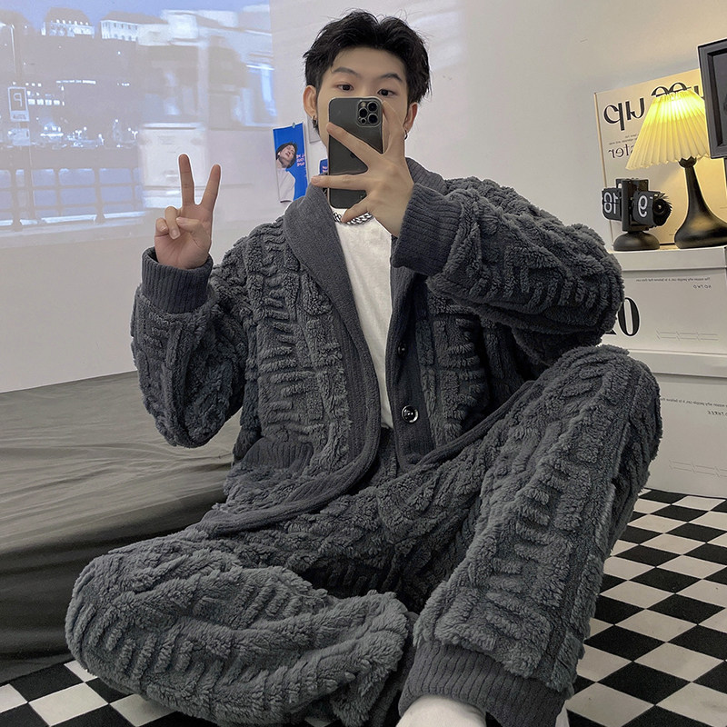 남성 잠옷 가을 겨울 두꺼운 산호 벨벳 2024 새로운 자카드 그레이 라펠 가디건 청소년 정장