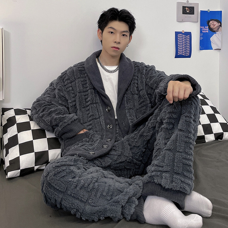 남성 잠옷 가을 겨울 두꺼운 산호 벨벳 2024 새로운 자카드 그레이 라펠 가디건 청소년 정장