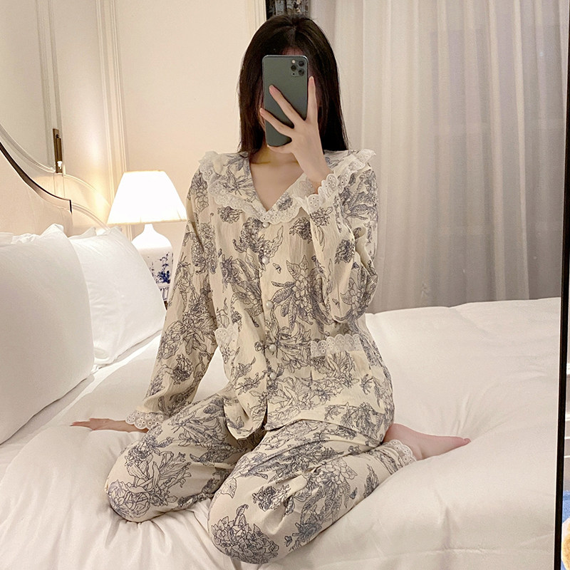 LONG-SLEEVED PAJAMAS WOMENS SPRING AND AUTUMN TENCEL COTTON AUTUMN WOMENS 2024 NEW CASUAL SWEET PURE LUST LAPEL SET