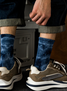 ADCACRORR潮牌运动中筒袜子春夏季男士滑板袜纯棉复古扎染长筒袜