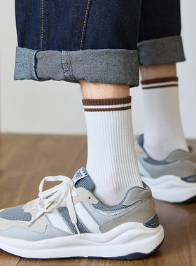 ADCACRORR秋冬季5双男士无骨袜中筒袜子纯棉白色条纹长筒袜男生潮