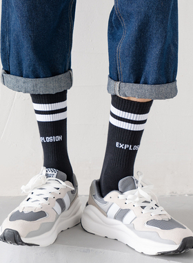 ADCACRORR潮牌两杠条纹字母中筒袜子男春夏季纯棉运动篮球长筒袜