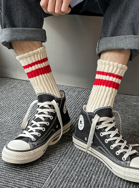 ADCACRORR长袜子男运动毛巾底防臭秋冬季两杠条纹中筒袜保暖加厚