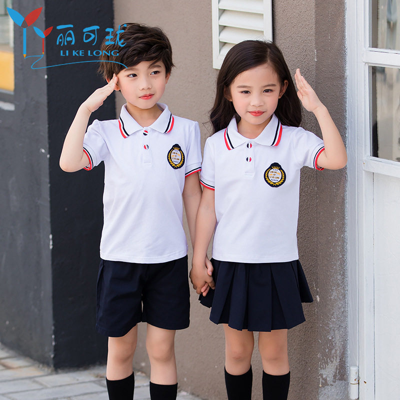夏季园服纯棉白色短袖T恤男女童班服两件套小学生校服活动服装