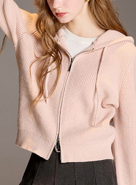 【抗起球】三彩2026春秋季新款连帽针织衫开衫宽松通勤双拉链女M