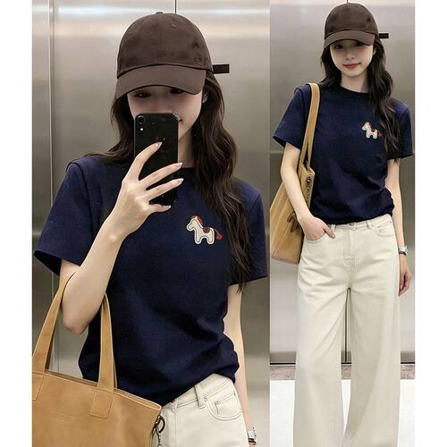 2026新款夏季卡通小马印花短袖T恤女时髦显瘦体恤圆领正肩上衣