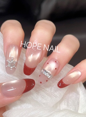 【红色恋人】秋冬法式猫眼爆闪新娘红色手工穿戴甲高级感显白美甲