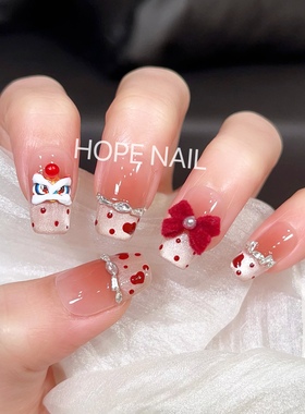 【心悦醒师】新年烫金醒师猫眼手工穿戴甲红色丝绒蝴蝶结温柔美甲