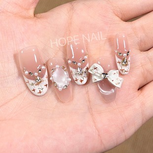 蝴蝶结猫眼手工穿戴甲高级感美甲贴片 千金小香风法式 奶油小香