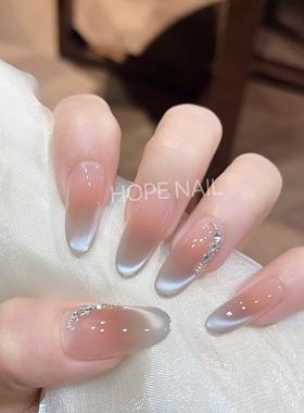 【蓝雾】冰透裸色气质清冷感手工穿戴甲腮红猫眼显白嬛嬛美甲贴片