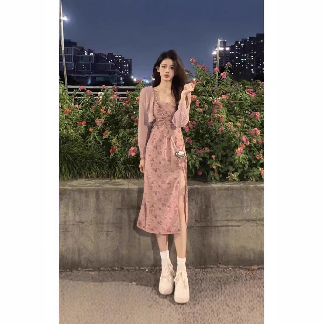 5099法式高级感小众设计高级感甜美开衫碎花吊带连衣裙两件套女夏