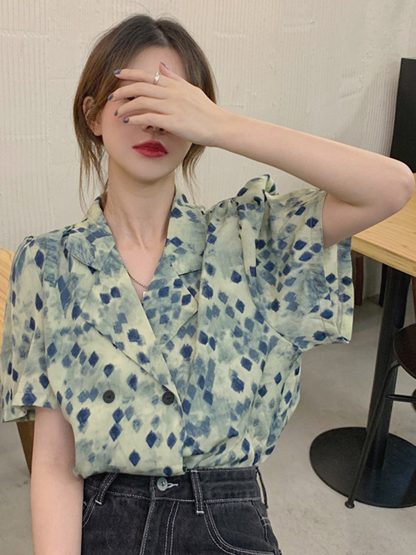 短袖港风衬衫女夏季高级感别致漂亮小衫法式碎花雪纺上衣夏款衬衣
