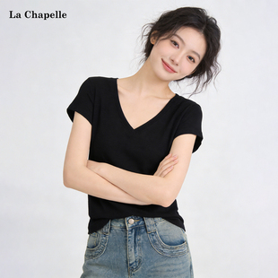 拉夏贝尔韩系漂亮设计感v领宽松短袖T恤女2026夏季新款绝美上衣