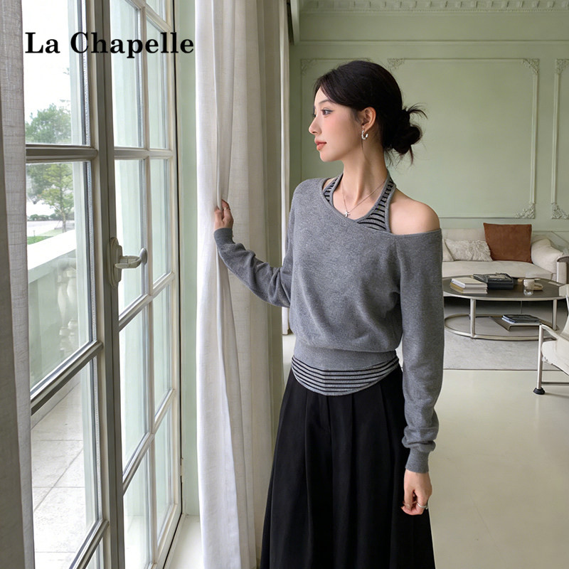 拉夏贝尔御姐绝美条纹长袖针织两件套女2026春新款高级露肩小上衣,女装/女士精品,毛针织衫,淘宝优惠券,粉丝福利购,淘宝优惠卷