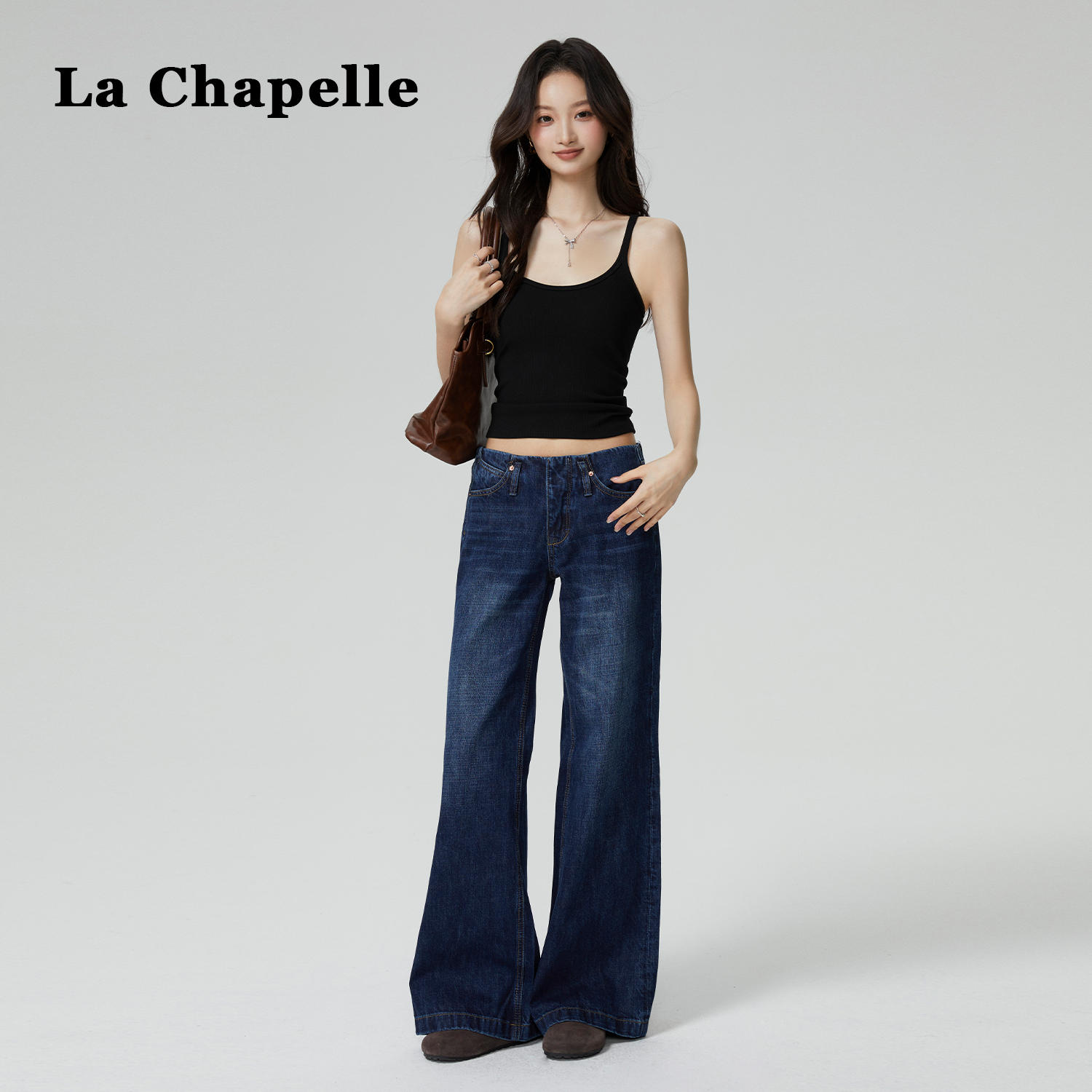 拉夏贝尔复古猫须低腰阔腿牛仔裤