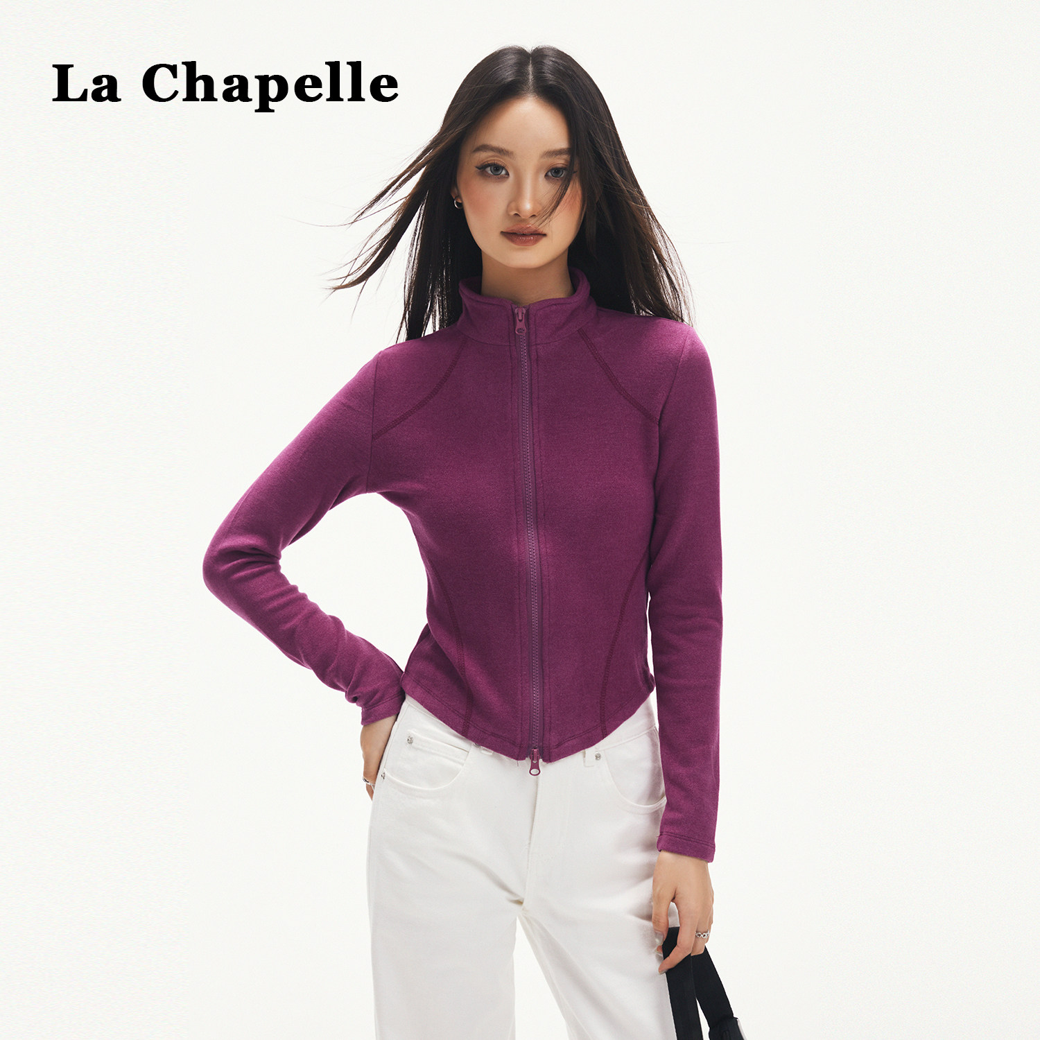 拉夏贝尔双拉链立领长袖开衫T恤女2025早秋新款修身短款外套上衣,女装/女士精品,T恤,淘宝优惠券,粉丝福利购,淘宝优惠卷